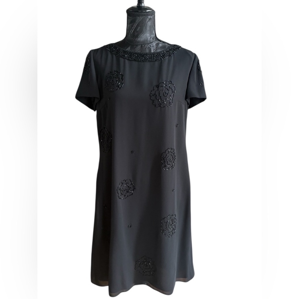 Liz Claiborne Night Black Beaded Floral Cocktail Dress Size 8